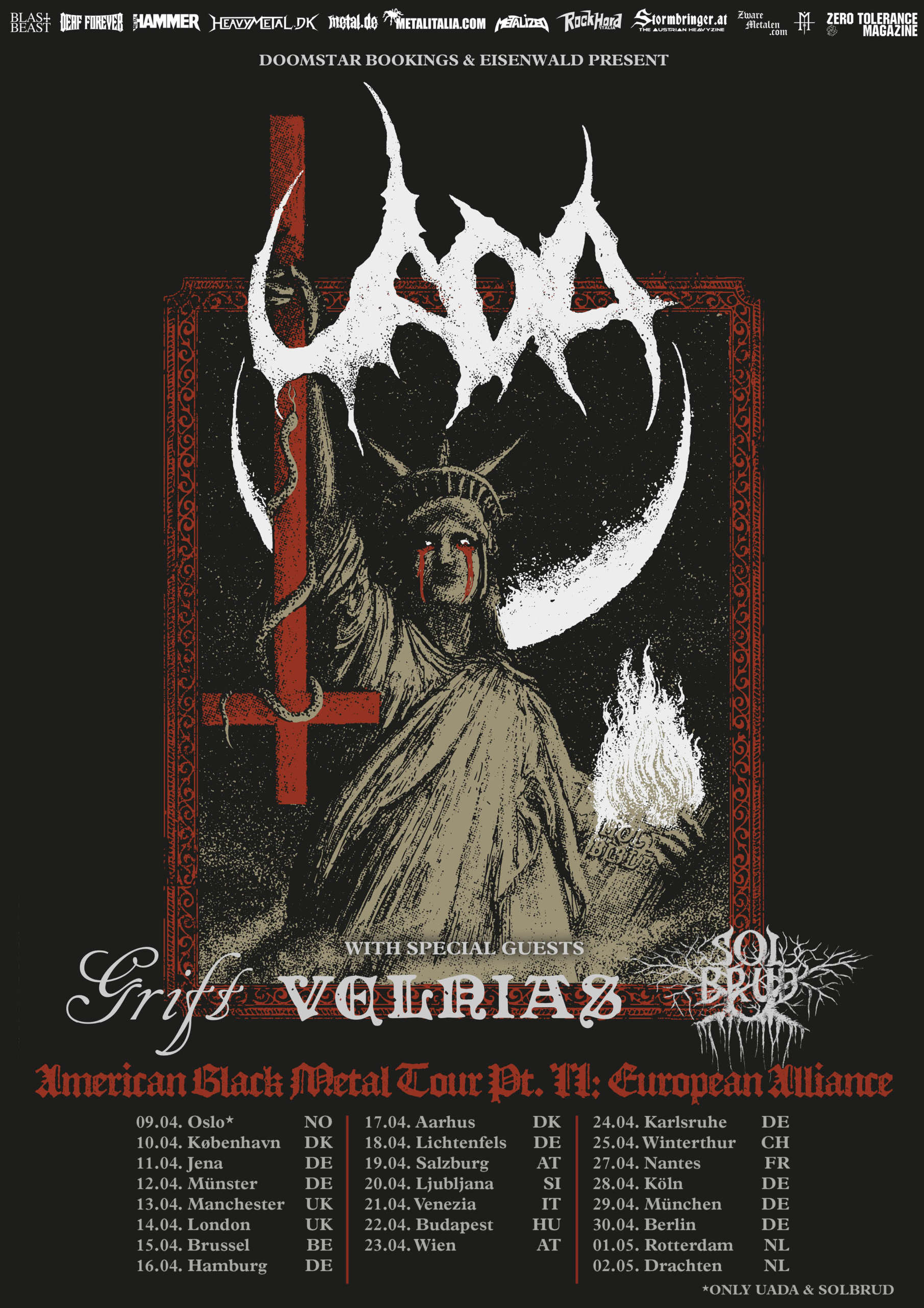 AMERICAN BLACK METAL TOUR PT.II: EUROPEAN ALLIANCE – una data in Italia per UADA, GRIFT, SOLBRUD e VELNIAS