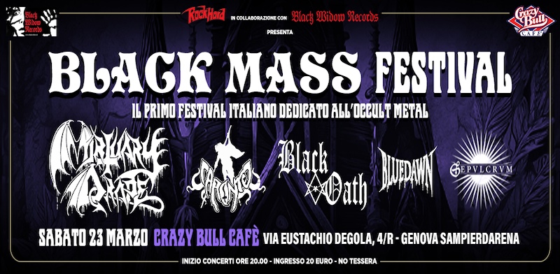 BLACK MASS FESTIVAL – il 23 marzo al Crazy Bull di Genova con MORTUARY DRAPE, CARONTE, BLACK OATH e altri!